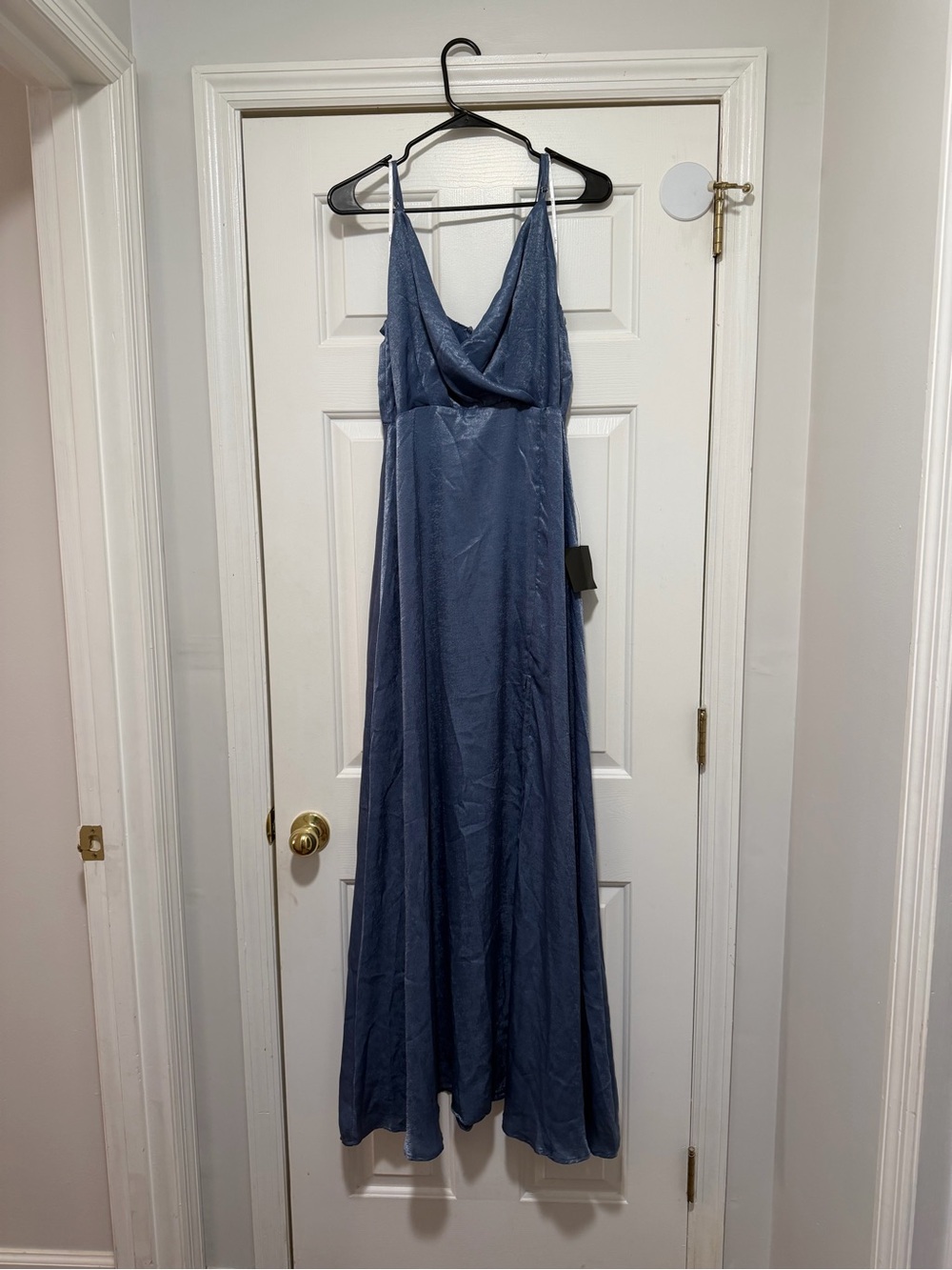 Lulu's Dusty Blue Satin Cowl Neck Maxi Dress